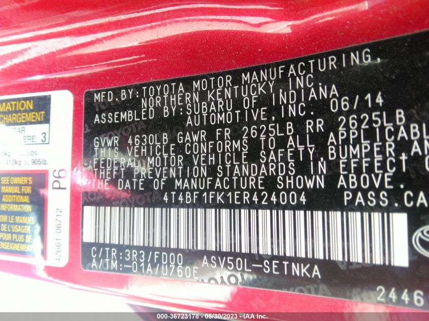 2014 TOYOTA CAMRY L/LE/XLE/SE/SE SPORT - 4T4BF1FK1ER424004