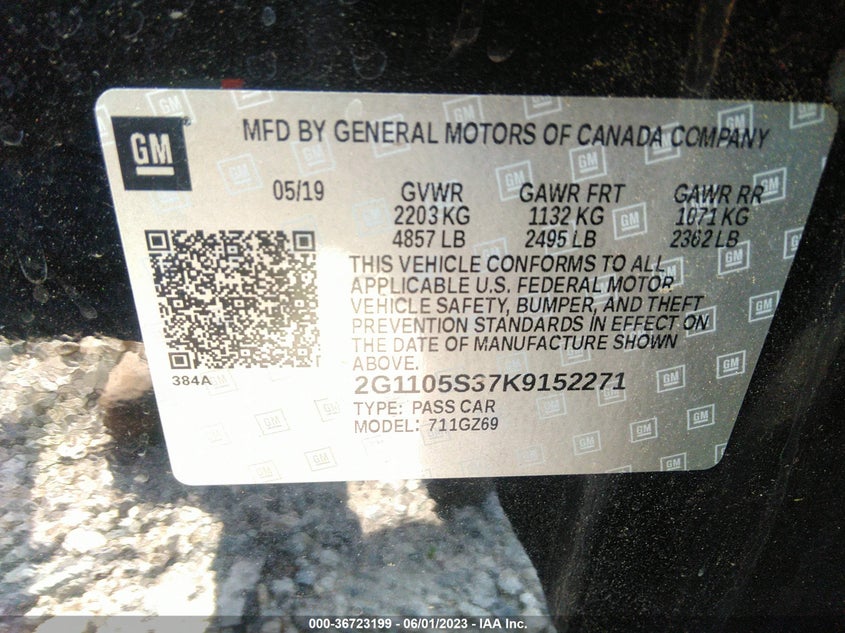 VIN 2G1105S37K9152271 2019 CHEVROLET IMPALA PREMIER