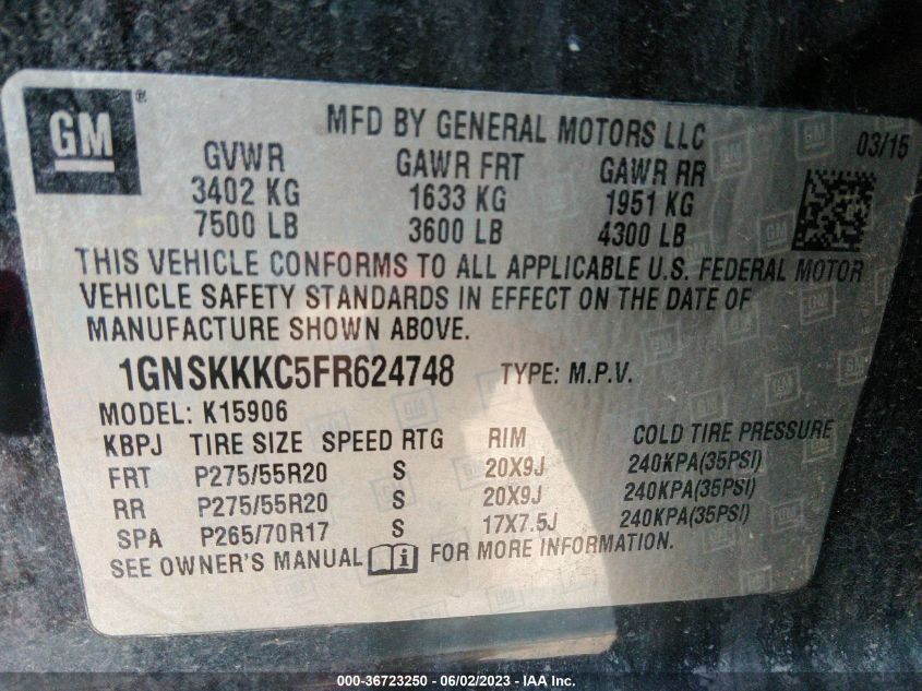 2015 CHEVROLET SUBURBAN 1500 LTZ 1GNSKKKC5FR624748