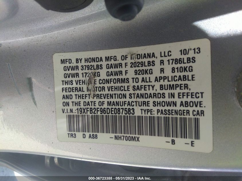 2013 HONDA CIVIC SDN EX-L - 19XFB2F96DE087583