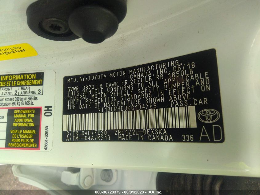 2019 TOYOTA COROLLA L/LE/SE/XLE/XSE - 2T1BURHE3KC134785