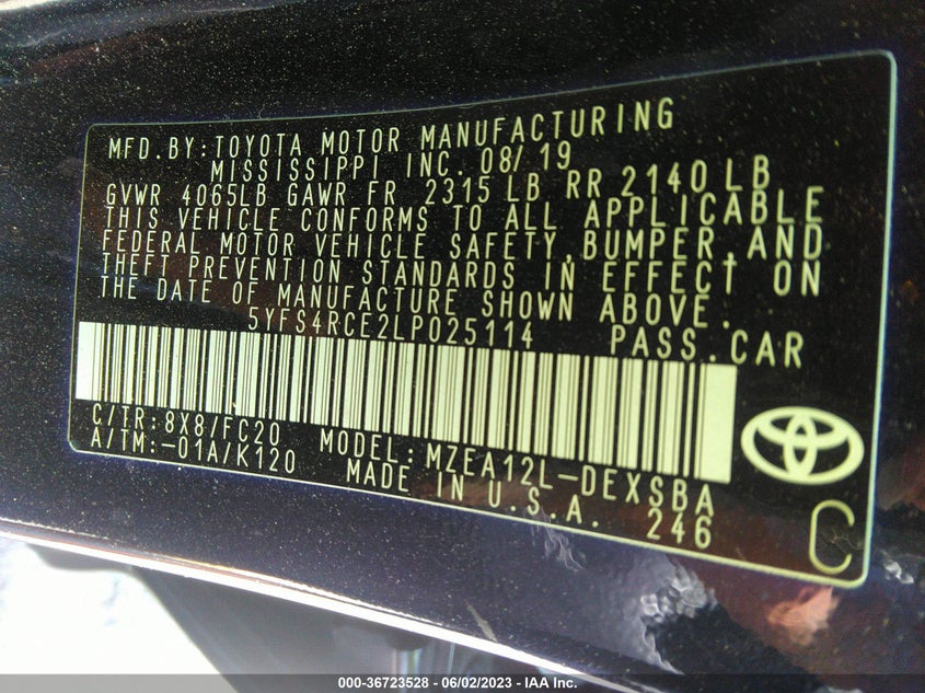 VIN 5YFS4RCE2LP025114 2020 TOYOTA COROLLA SE/NIGHTSHADE