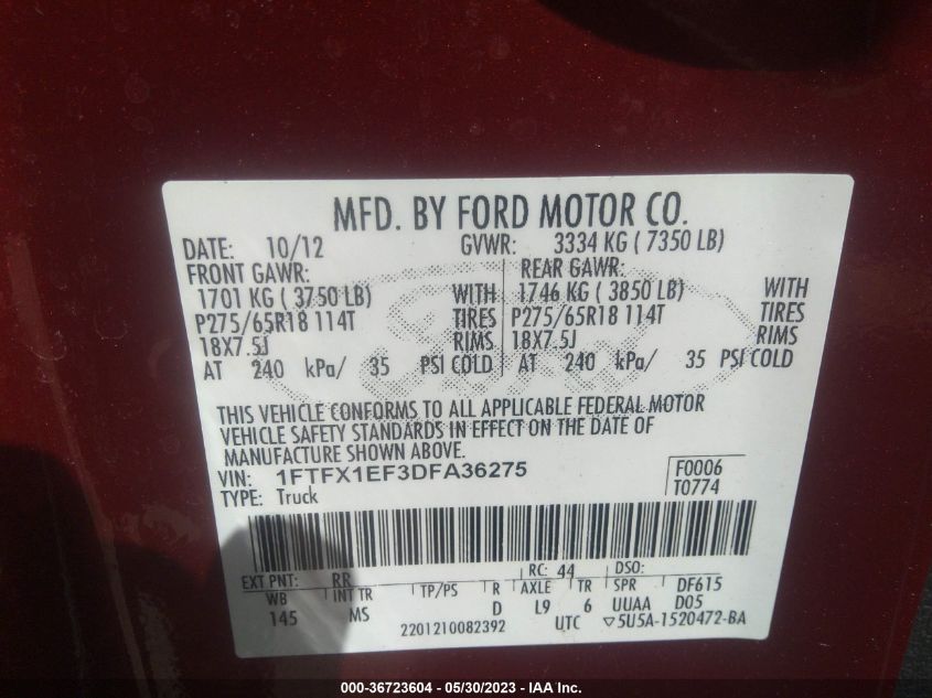 2013 FORD F-150 XL/STX/XLT/FX4/LARIAT - 1FTFX1EF3DFA36275