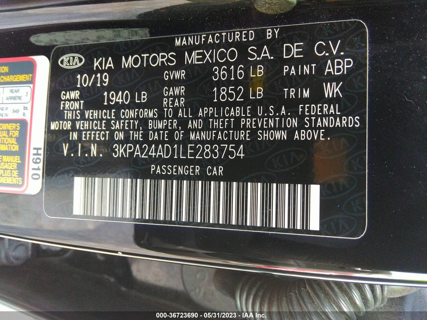 VIN 3KPA24AD1LE283754 2020 KIA RIO LX