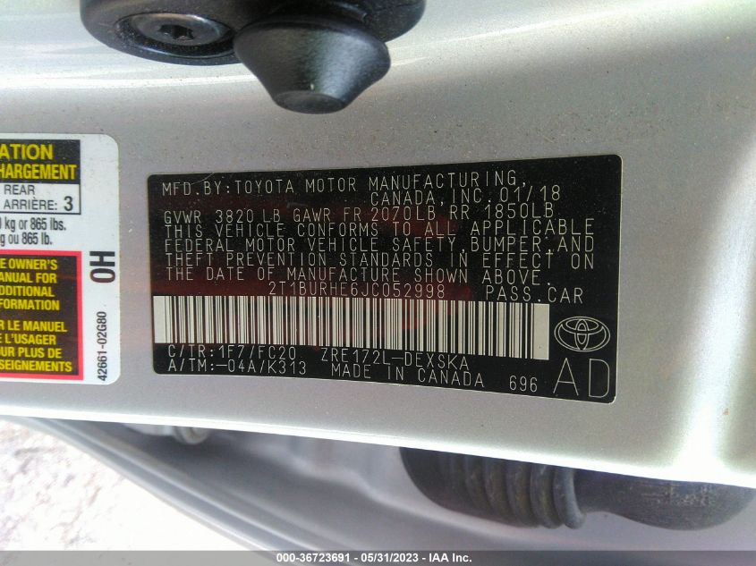 2018 TOYOTA COROLLA L/LE/XLE/SE/XSE - 2T1BURHE6JC052998