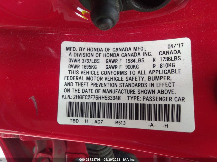 2017 HONDA CIVIC SEDAN EX - 2HGFC2F76HH533948