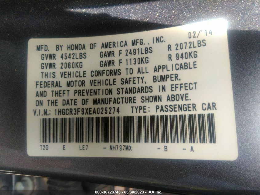 2014 HONDA ACCORD SEDAN TOURING - 1HGCR3F9XEA025274