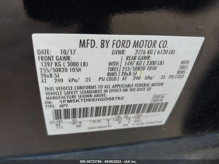 2017 FORD EXPLORER XLT - 1FM5K7D8XHGD98762