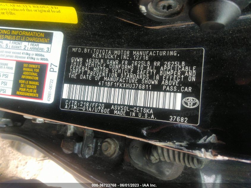 2017 TOYOTA CAMRY XLE/SE/LE/XSE - 4T1BF1FKXHU376811