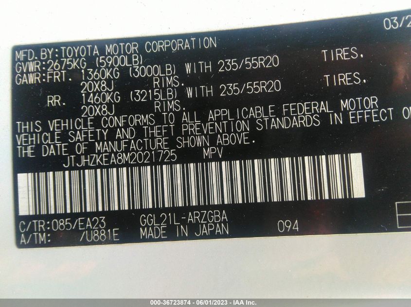 2021 LEXUS RX RX 350L - JTJHZKEA8M2021725