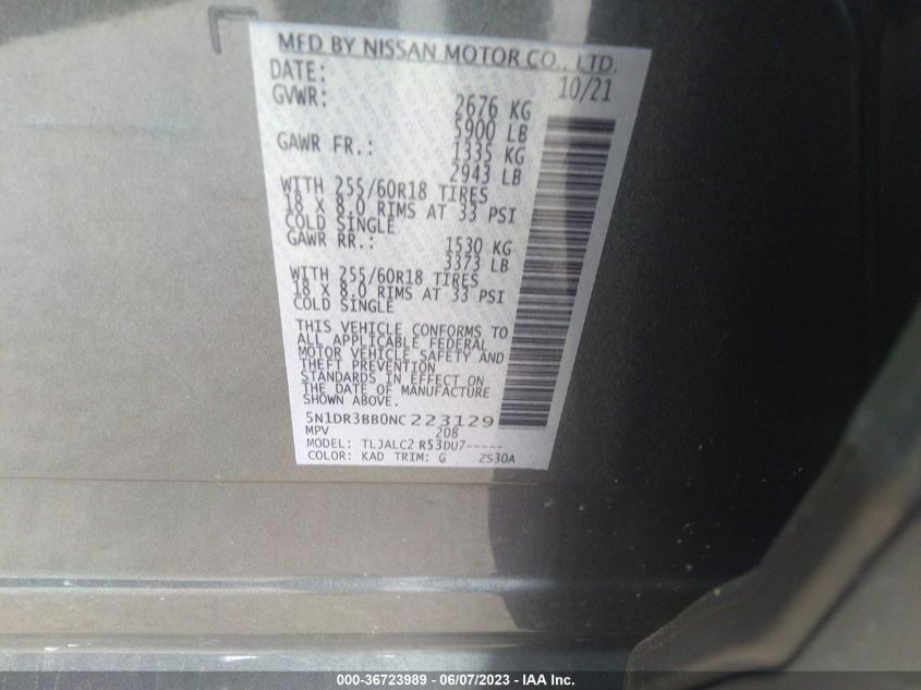 2022 NISSAN PATHFINDER SV - 5N1DR3BB0NC223129