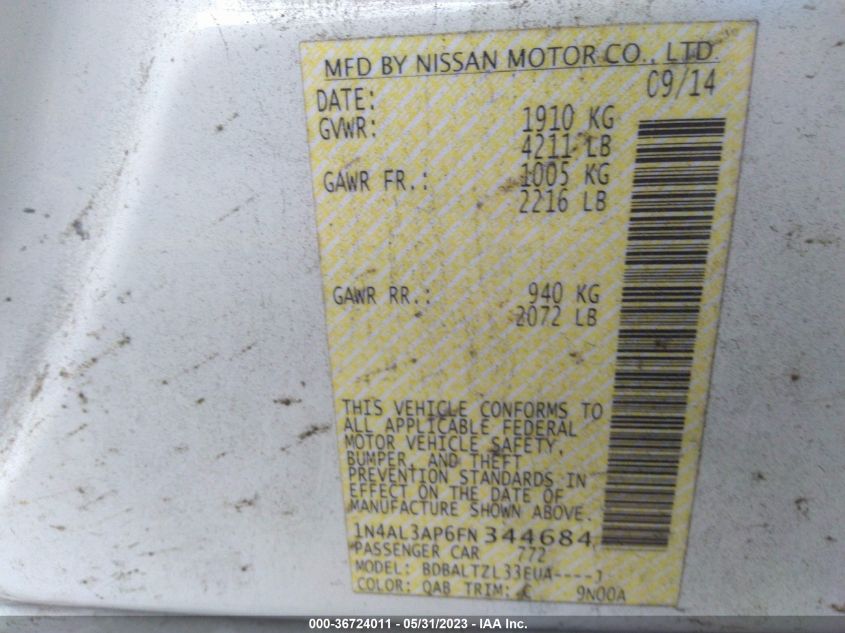 2015 NISSAN ALTIMA 2.5 SL - 1N4AL3AP6FN344684