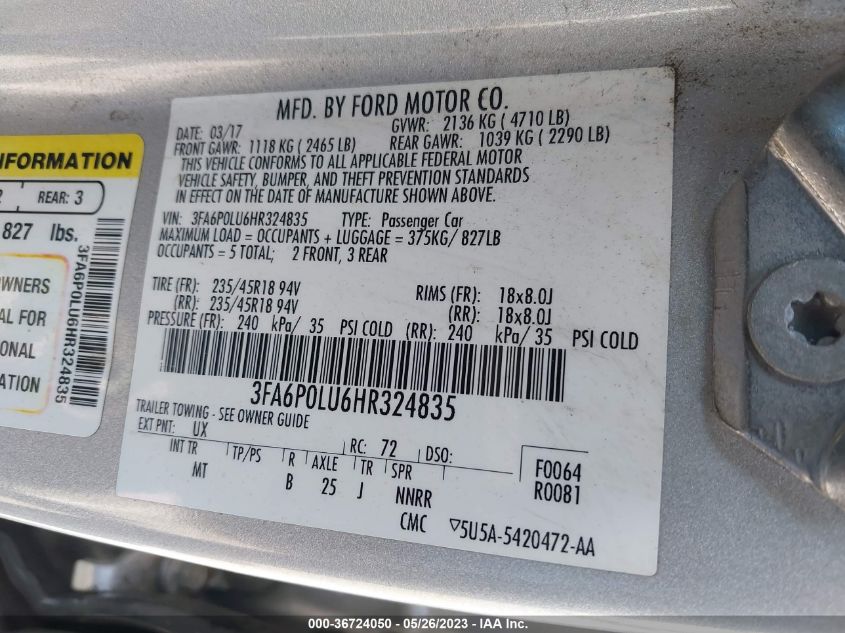 2017 FORD FUSION HYBRID SE - 3FA6P0LU6HR324835