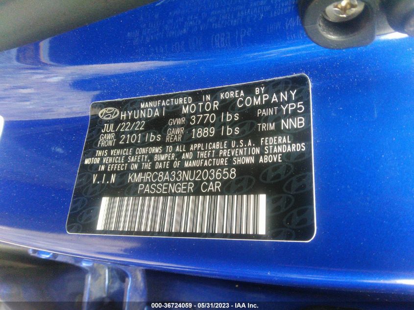 2022 HYUNDAI VENUE LIMITED - KMHRC8A33NU203658