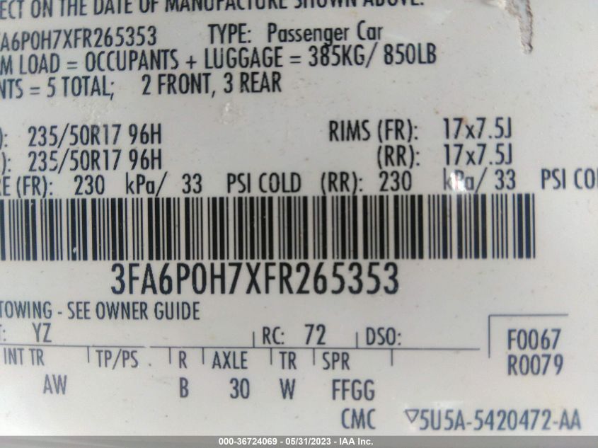 2015 FORD FUSION SE - 3FA6P0H7XFR265353