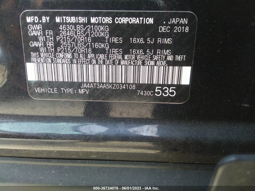 VIN JA4AT3AA5KZ034108 2019 MITSUBISHI ECLIPSE CROSS ES