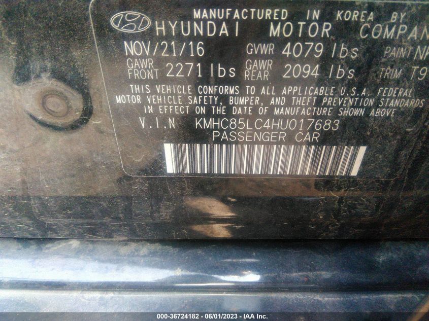 2017 HYUNDAI IONIQ HYBRID LIMITED - KMHC85LC4HU017683