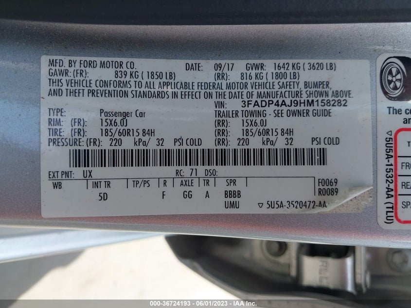 VIN 3FADP4AJ9HM158282 2017 FORD FIESTA S