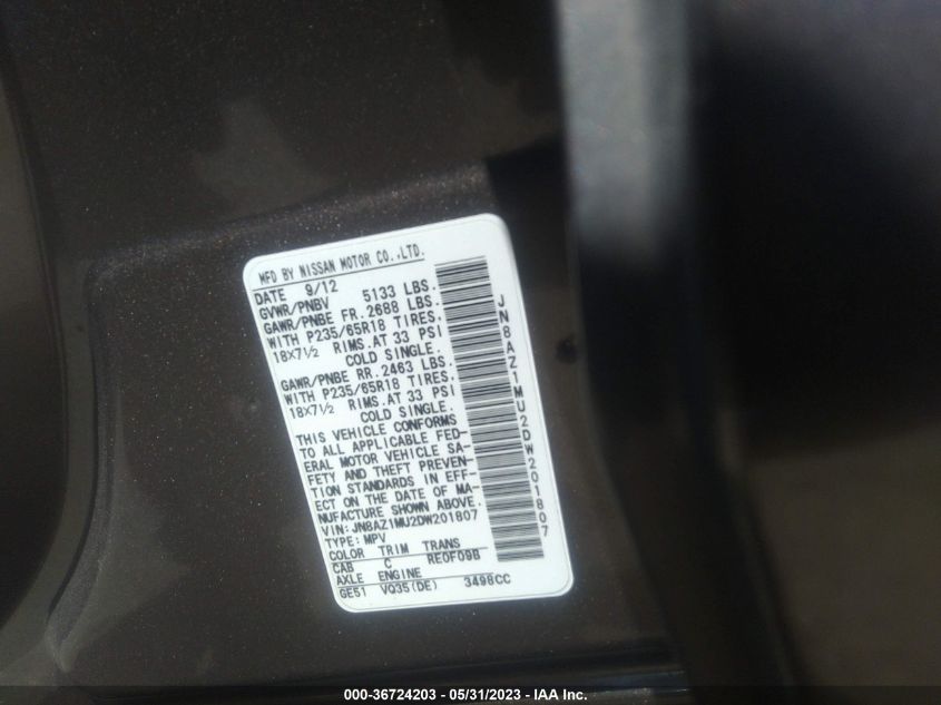 2013 NISSAN MURANO SL - JN8AZ1MU2DW201807