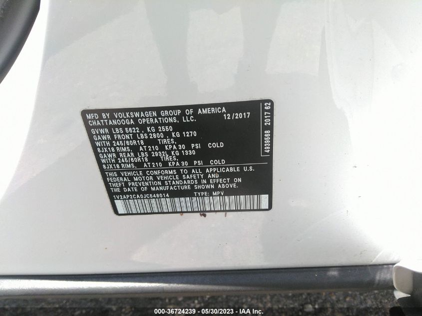 2018 VOLKSWAGEN ATLAS 2.0T S - 1V2AP2CA0JC548014