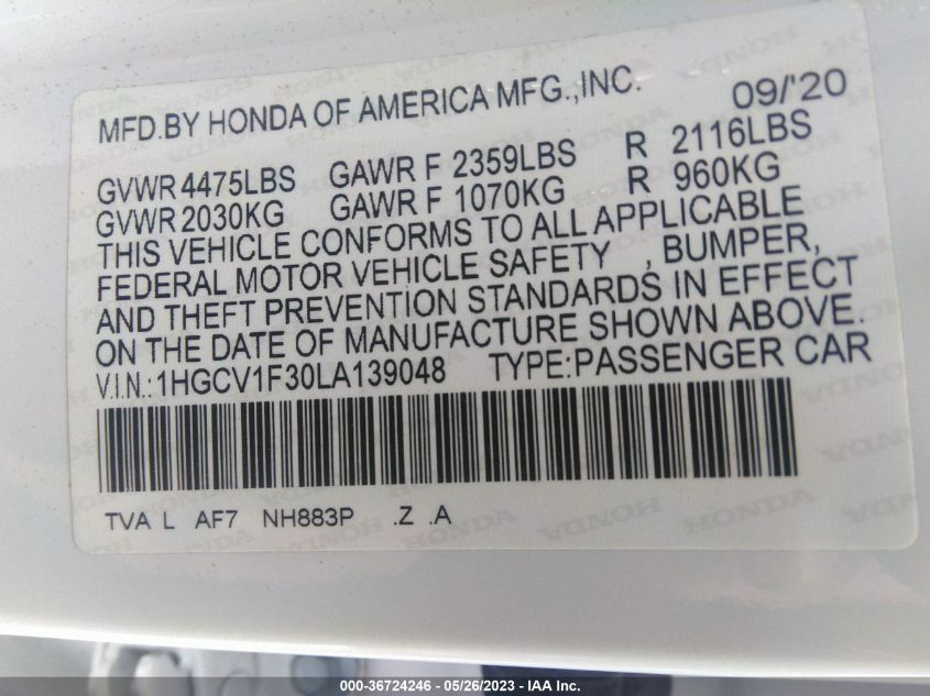 2020 HONDA ACCORD SEDAN SPORT - 1HGCV1F30LA139048
