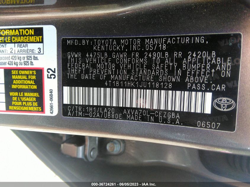 2018 TOYOTA CAMRY LE/SE/XLE/L - 4T1B11HK1JU118128
