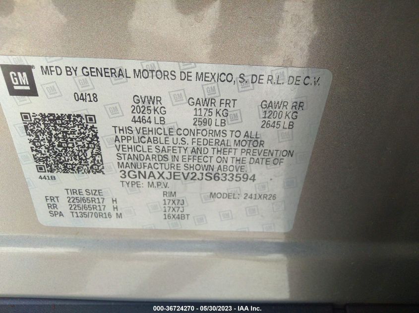 2018 CHEVROLET EQUINOX LT - 3GNAXJEV2JS633594
