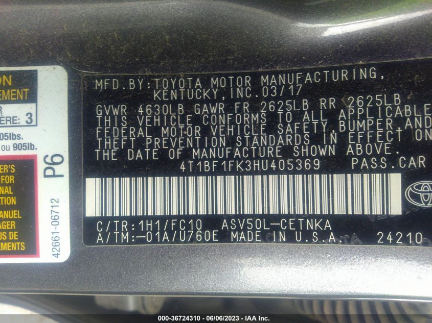 2017 TOYOTA CAMRY XLE/SE/LE/XSE - 4T1BF1FK3HU405369