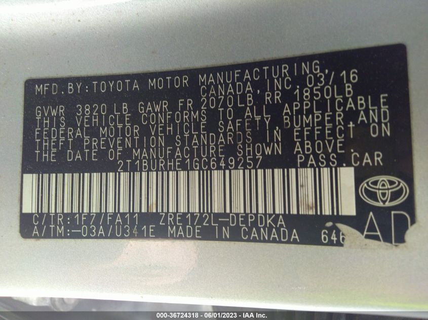 2016 TOYOTA COROLLA L/LE/S/S PLUS/LE PLUS - 2T1BURHE1GC649257