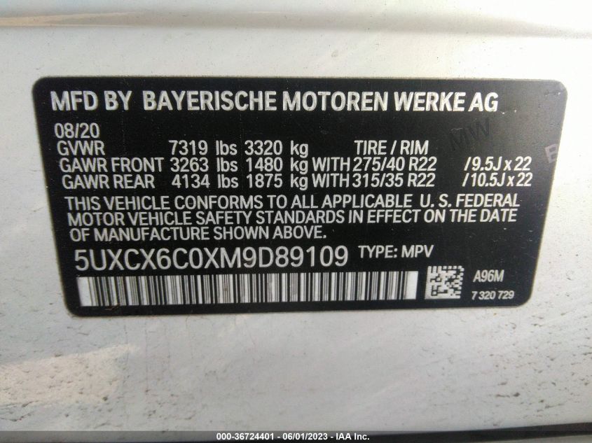 2021 BMW X7 M50I 5UXCX6C0XM9D89109