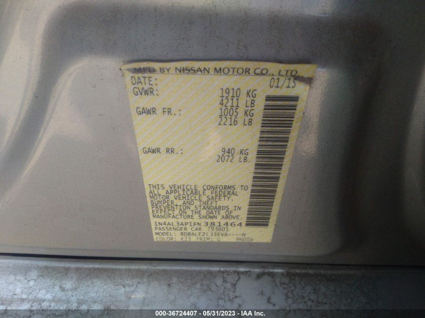 2015 NISSAN ALTIMA 2.5 S - 1N4AL3AP1FN381464