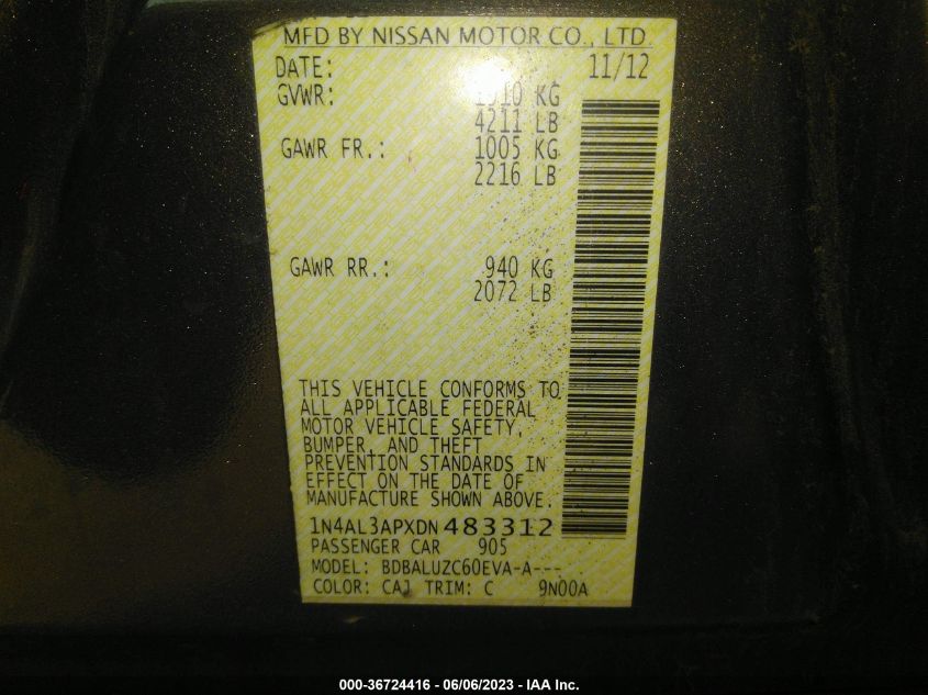 2013 NISSAN ALTIMA 2.5/S/SV/SL - 1N4AL3APXDN483312