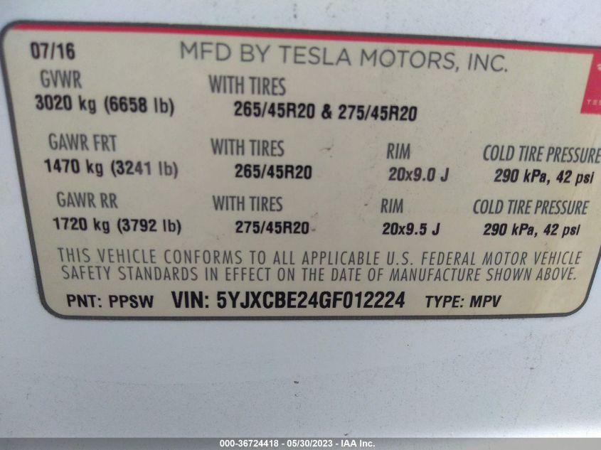 2016 TESLA MODEL X 70D/90D/75D/60D/P100D - 5YJXCBE24GF012224