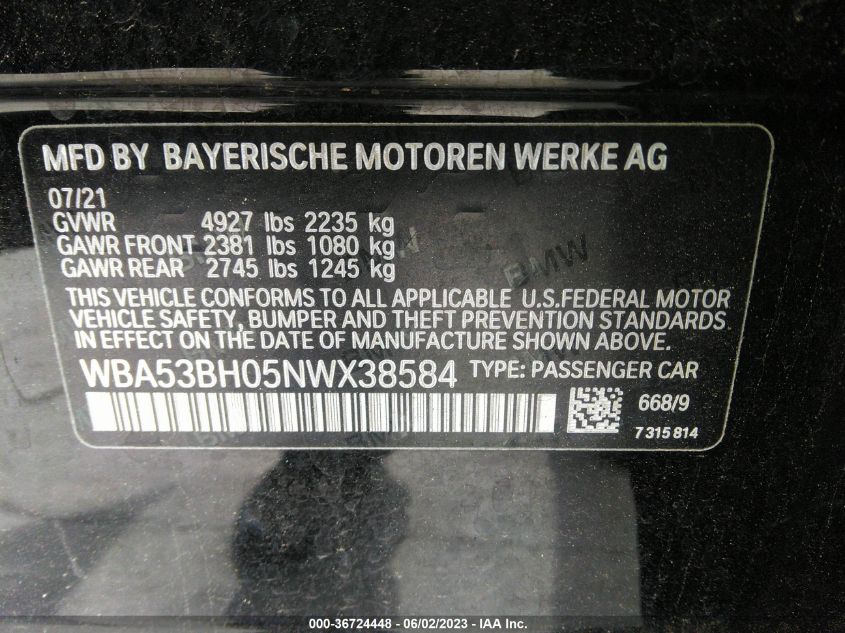 2022 BMW 5 SERIES 530I - WBA53BH05NWX38584