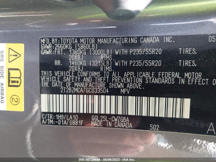 2016 LEXUS RX 350 - 2T2BZMCA7GC033504