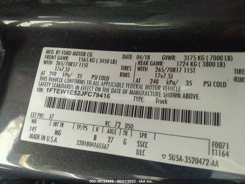 2018 FORD F-150 XL/XLT/LARIAT - 1FTEW1E52JFC79416