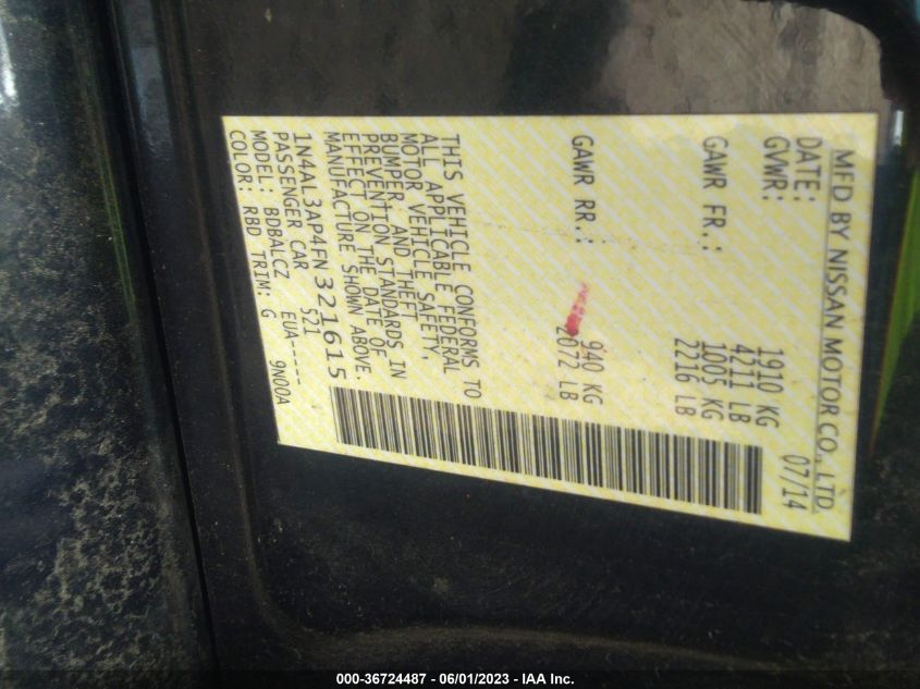 2015 NISSAN ALTIMA 2.5 S - 1N4AL3AP4FN321615