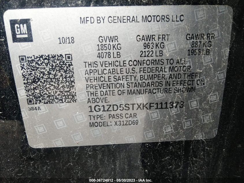 2019 CHEVROLET MALIBU LT - 1G1ZD5STXKF111373