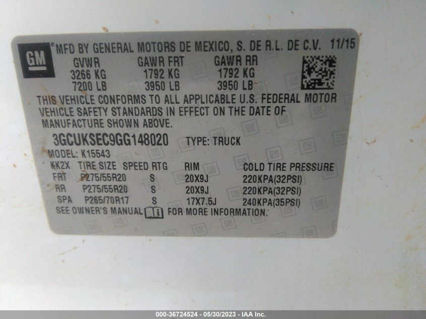 2016 CHEVROLET SILVERADO 1500 LTZ - 3GCUKSEC9GG148020