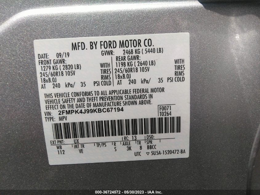 2FMPK4J99KBC67194 2019 FORD EDGE, photo no. 9