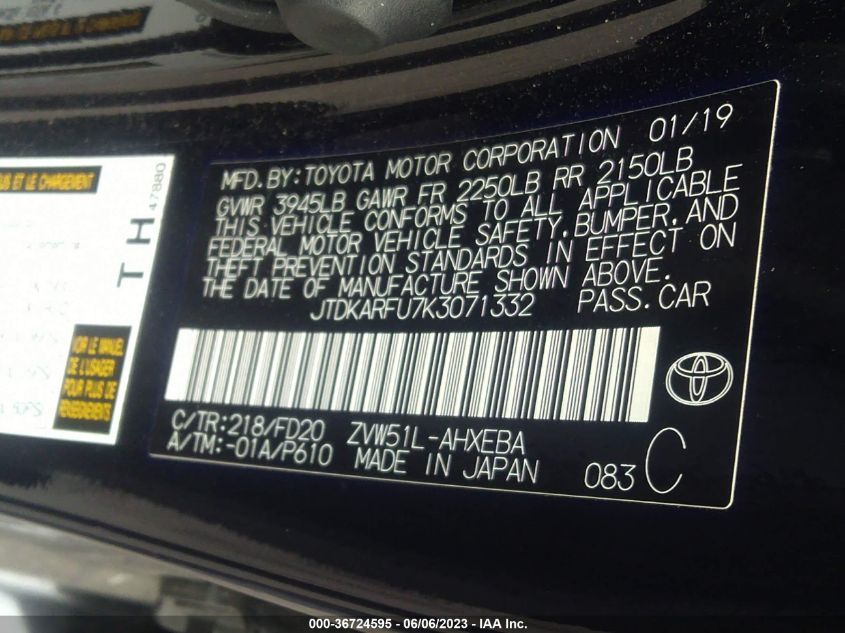 2019 TOYOTA PRIUS L ECO/LE/XLE/LIMITED - JTDKARFU7K3071332