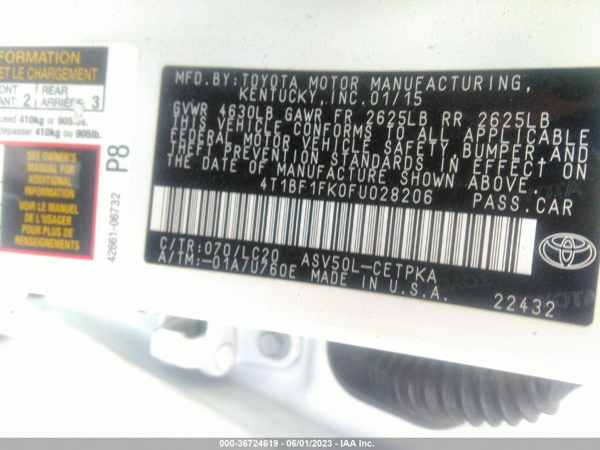 2015 TOYOTA CAMRY XLE/SE/LE/XSE - 4T1BF1FK0FU028206
