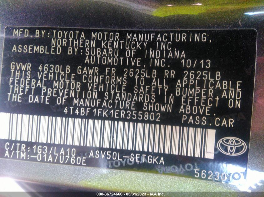 2014 TOYOTA CAMRY L/LE/XLE/SE/SE SPORT - 4T4BF1FK1ER355802