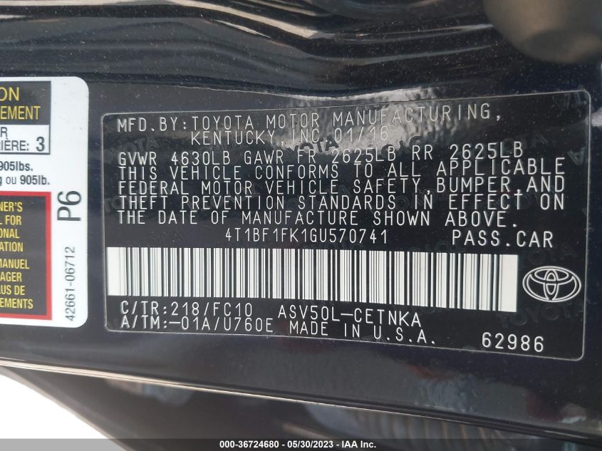 2016 TOYOTA CAMRY XLE/SE/LE/XSE - 4T1BF1FK1GU570741