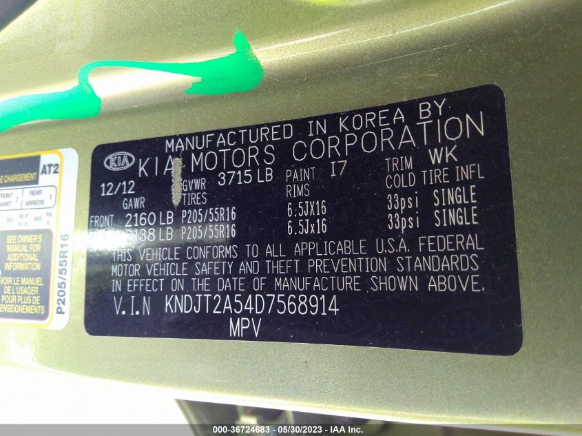 2013 KIA SOUL BASE - KNDJT2A54D7568914