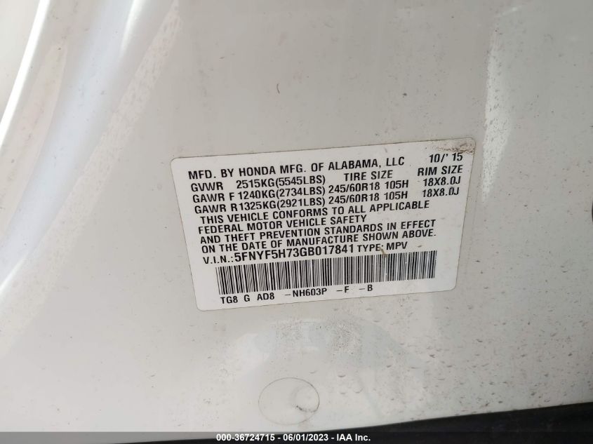 2016 HONDA PILOT EX-L - 5FNYF5H73GB017841