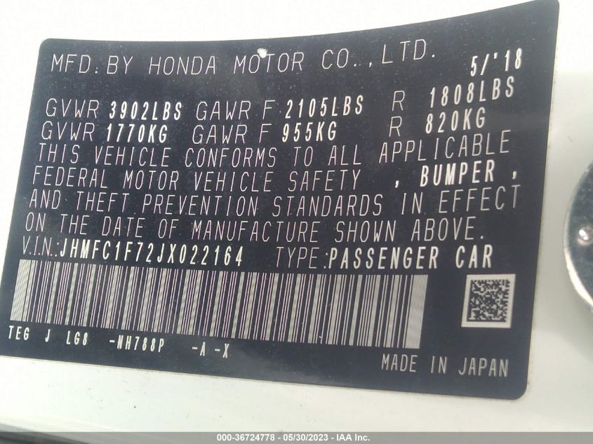 2018 HONDA CIVIC SEDAN EX-L - JHMFC1F72JX022164