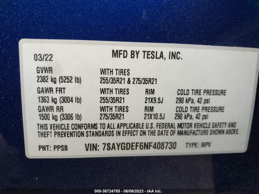 VIN 7SAYGDEF6NF408730 2022 TESLA MODEL Y