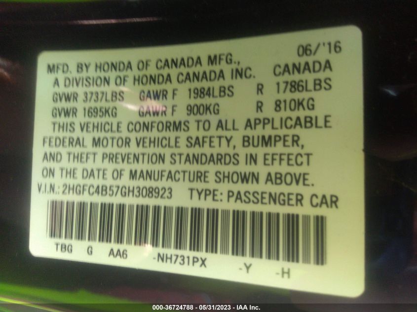 2016 HONDA CIVIC COUPE LX - 2HGFC4B57GH308923