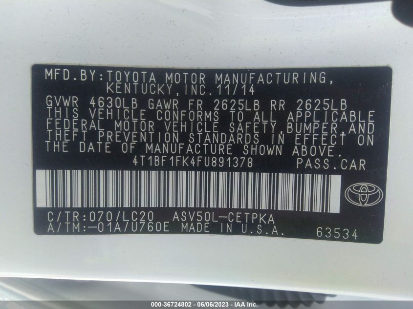 2015 TOYOTA CAMRY LE/XLE/SE/XSE - 4T1BF1FK4FU891378